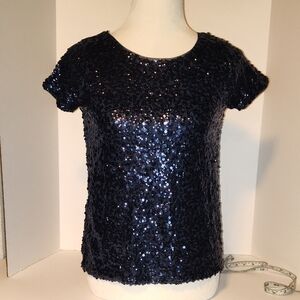 White House Black Market Size XXS Short Sleeve Sequin Knit Boxy  Dark Navy Blue